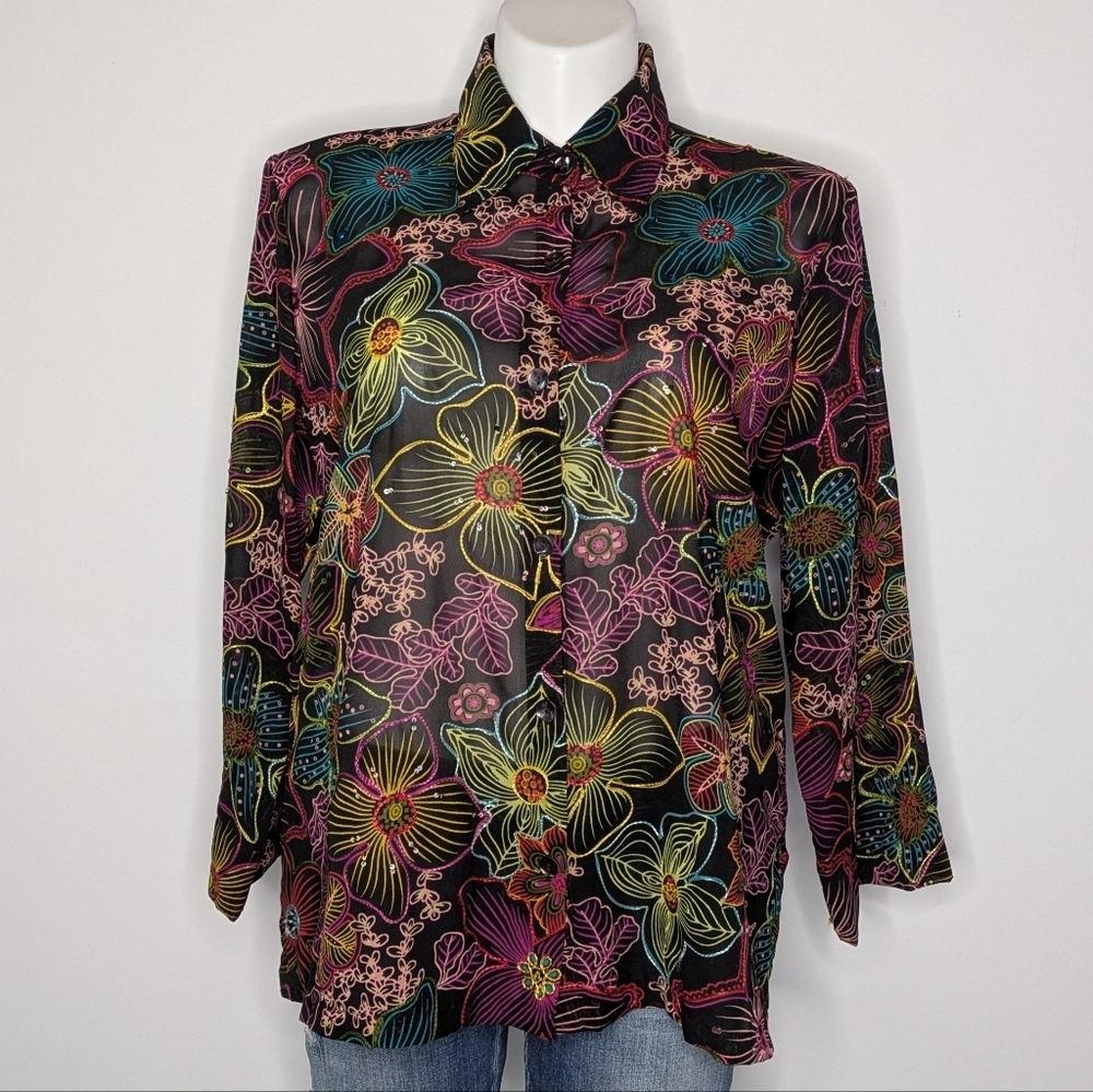 Coldwater Creek Black Colorful Floral Sequin Embroidered Sheer Button Up Top 1X
